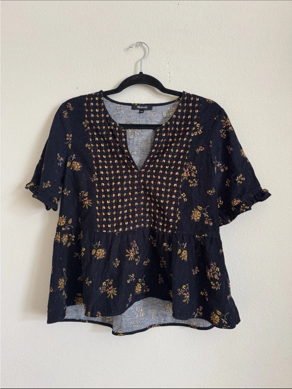 Madewell Women’s Corduroy Peplum Blouse Acorn Foulard Floral Hem Short Sleeve S
